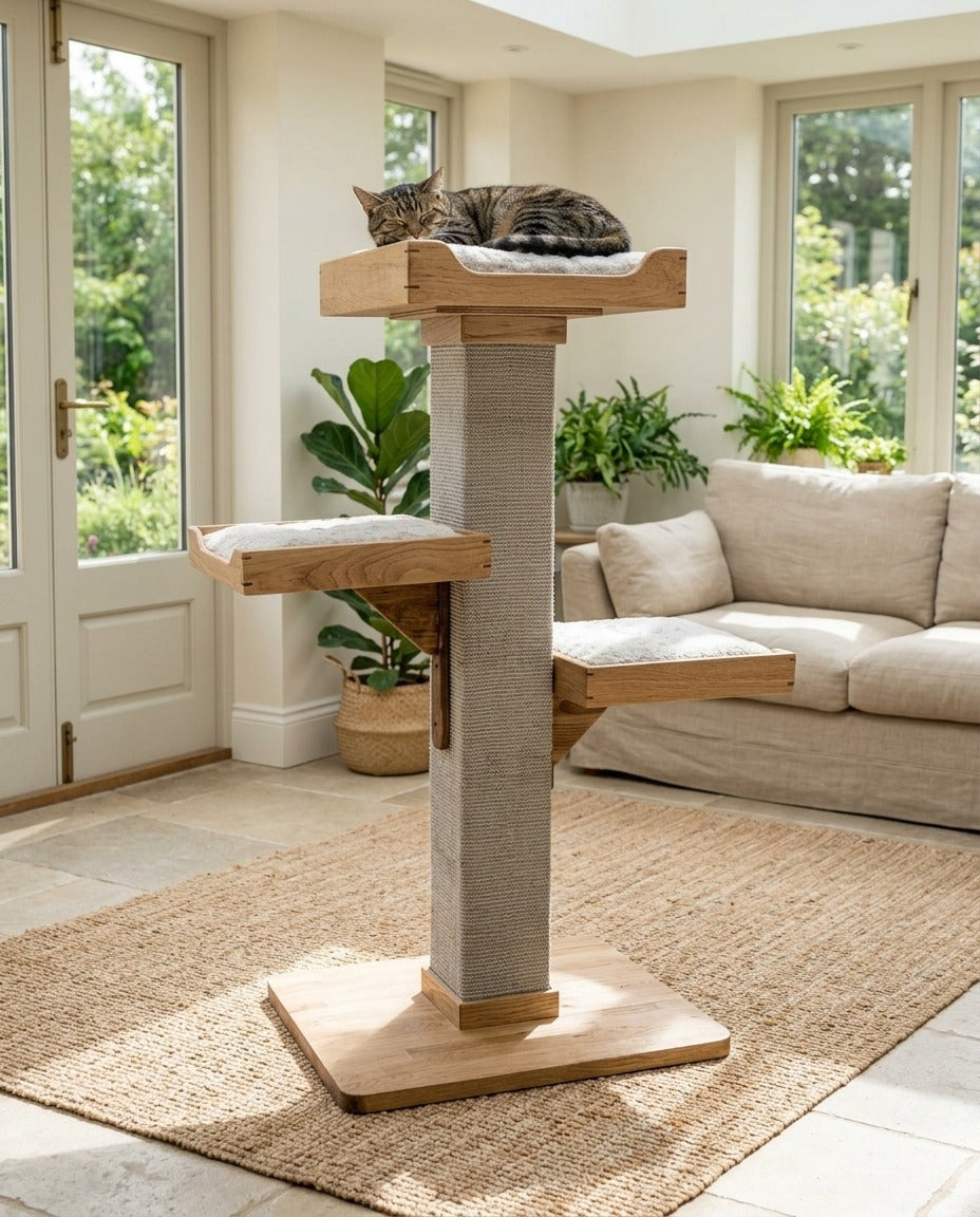 Handmade cat tree with three oak beds on a sisal post and a solid oak base, with a cat asleep on a bed in a living room