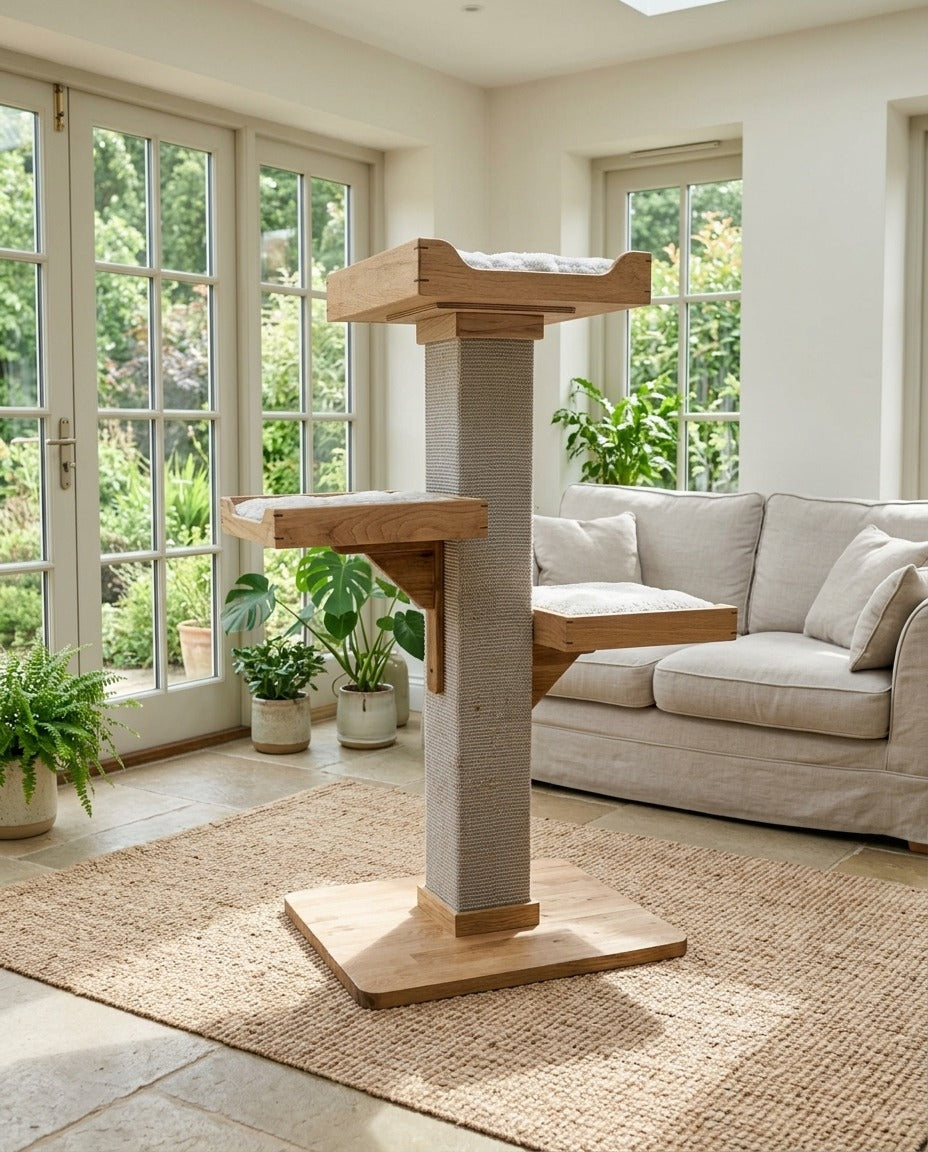 Handmade cat tree with three oak beds on a sisal post and a solid oak base, standing in a living room