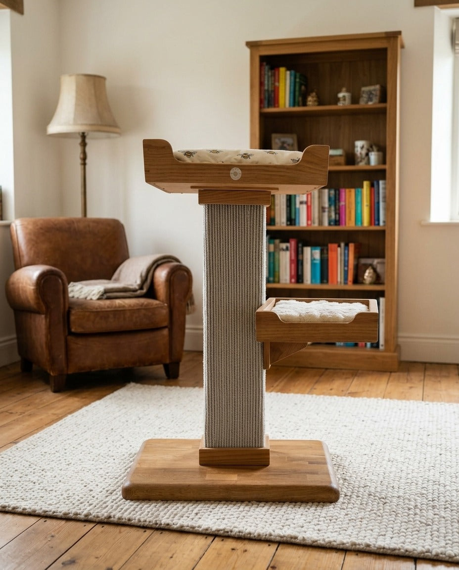 Handmade cat tree with two oak beds on a sisal post and a solid oak base, standing in a living room