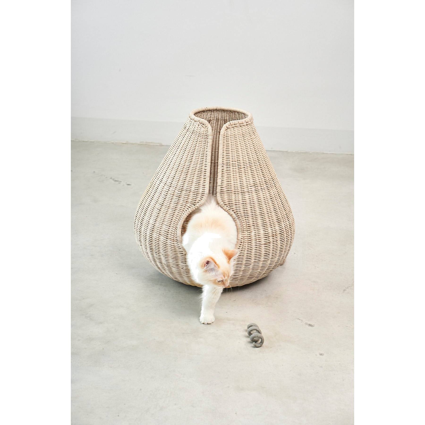 Designer wicker cat cave with white cat emerging, showcasing German minimalist pet furniture craftsmanship