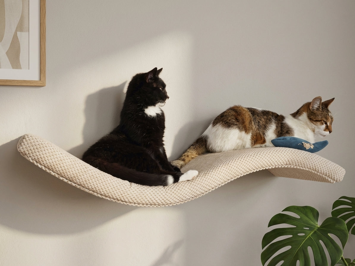 Two cats on a beige Cat's Atelier Floating Cat Wall Shelf in a lifestyle shot