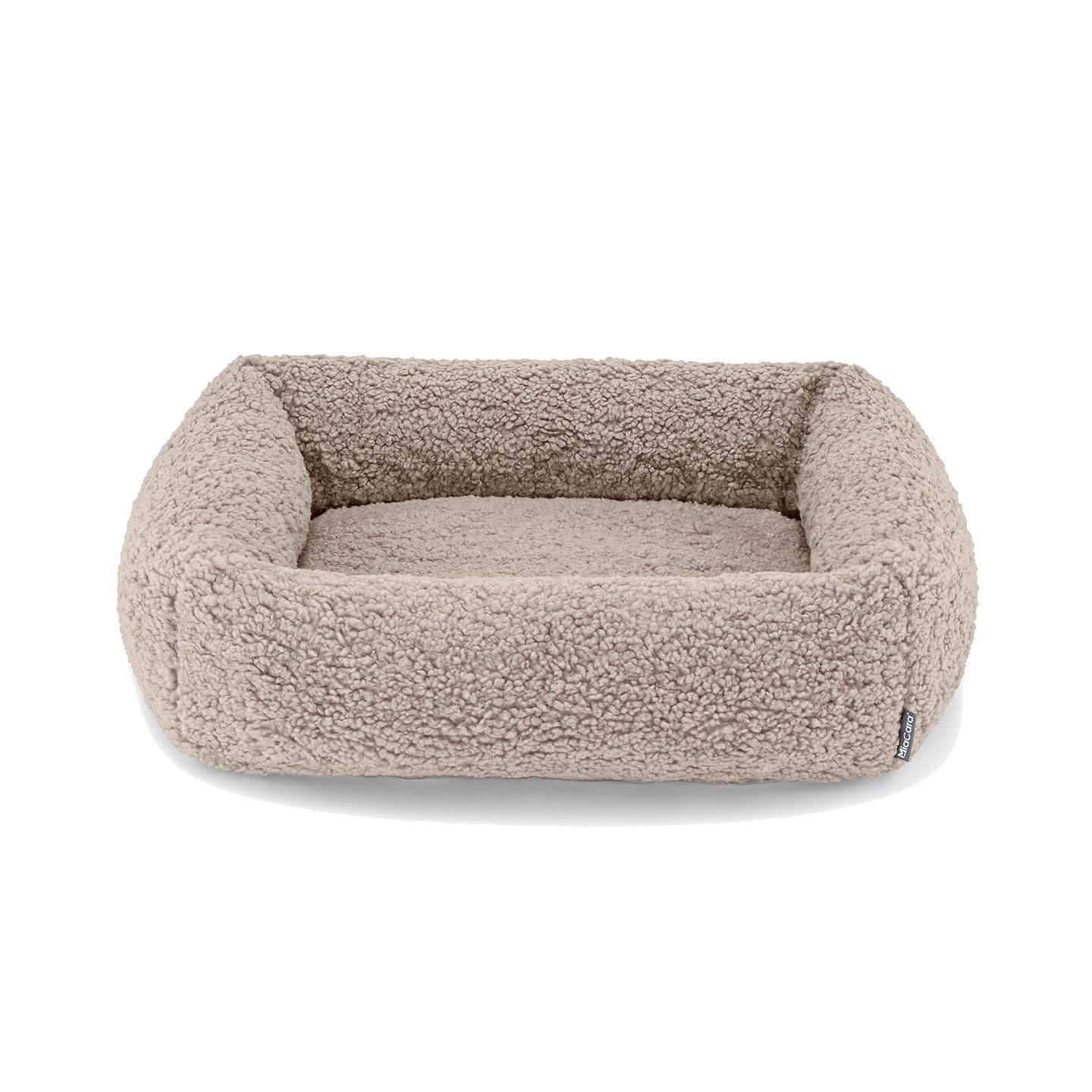 MiaCara Senso designer cat bed in beige bouclé fabric with minimalist rectangular design and raised cushioned edges