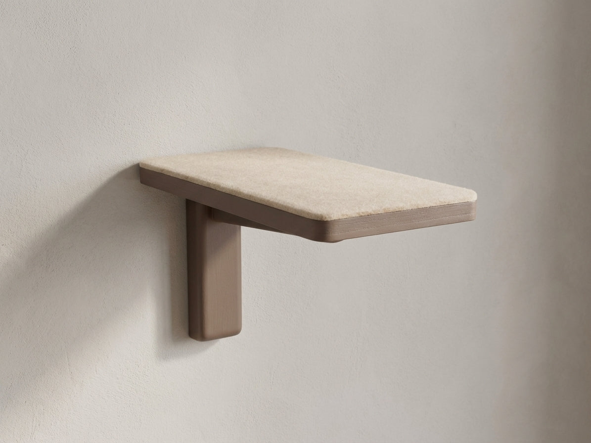 Beige upholstered cat wall step with wooden base and mounting bracket for easy feline climbing and perching