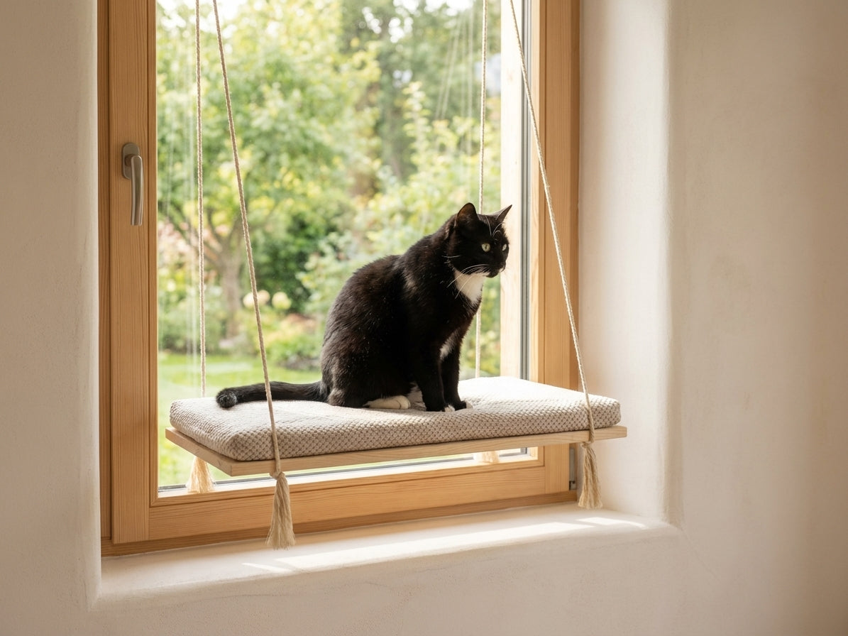 A black cat sits on The Sunny Spot Cat Window Perch in a window