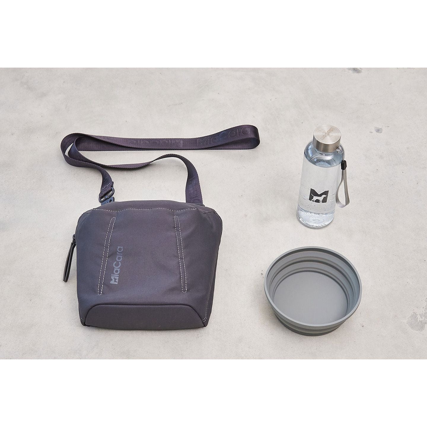 MiaCara Urbano designer pet travel bag set with collapsible bowl and water bottle in minimalist grey design