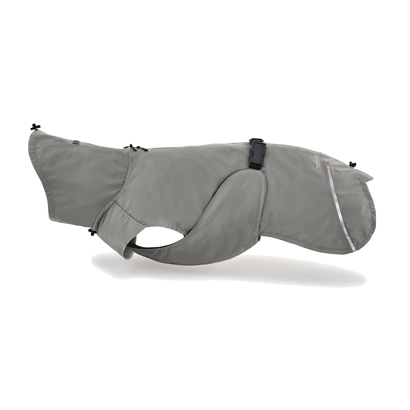 Grey designer dog raincoat with reflective trim and adjustable straps, German-engineered waterproof pet jacket