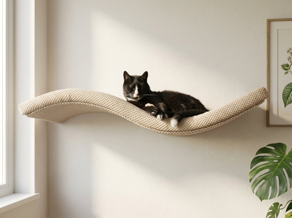 A black and white cat sleeping on a beige Cat's Atelier Wave Floating Cat Wall Shelf