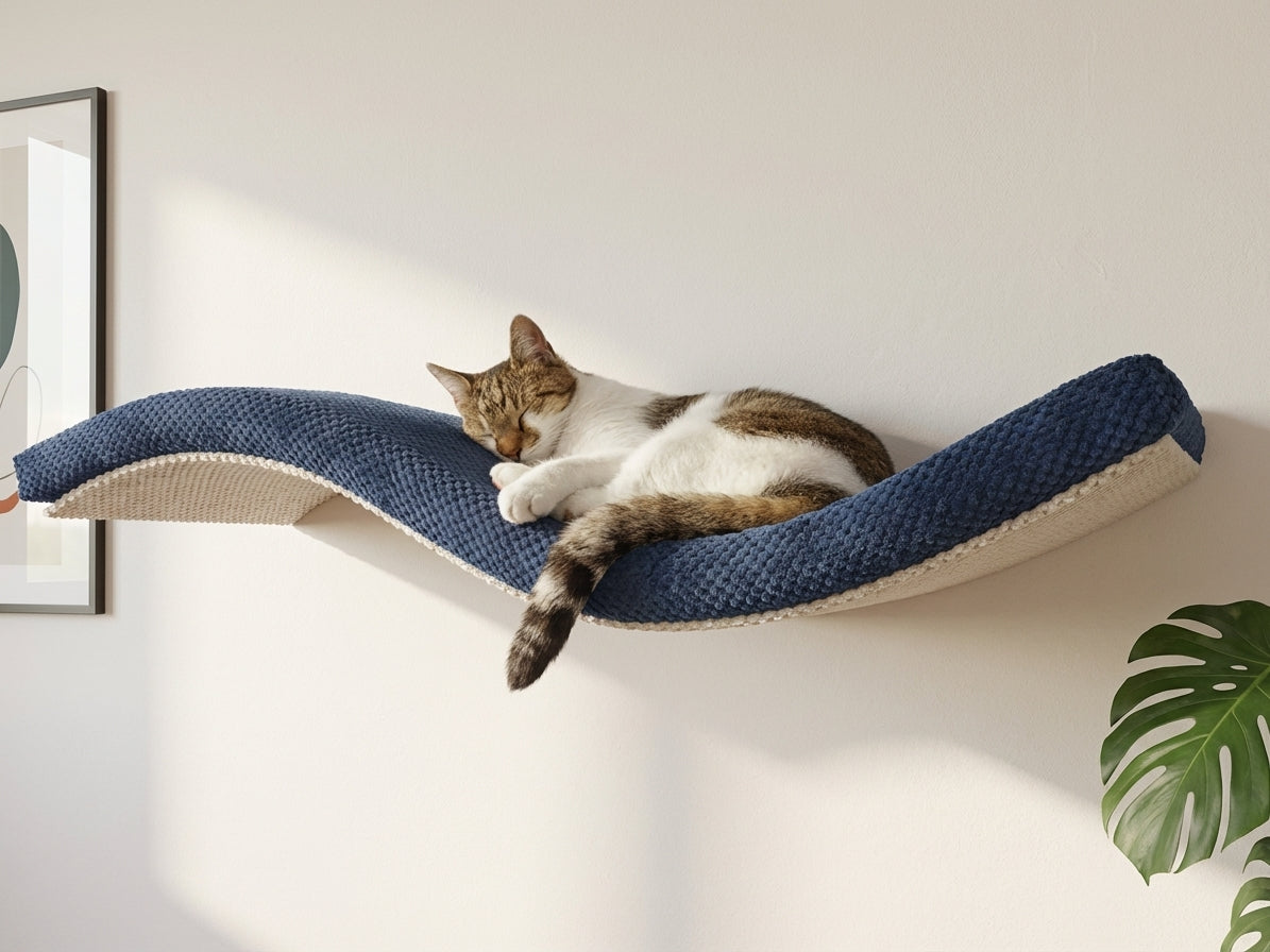 A sleeping tabby cat on a Cat's Atelier Wave Floating Cat Wall Shelf in deep navy blue