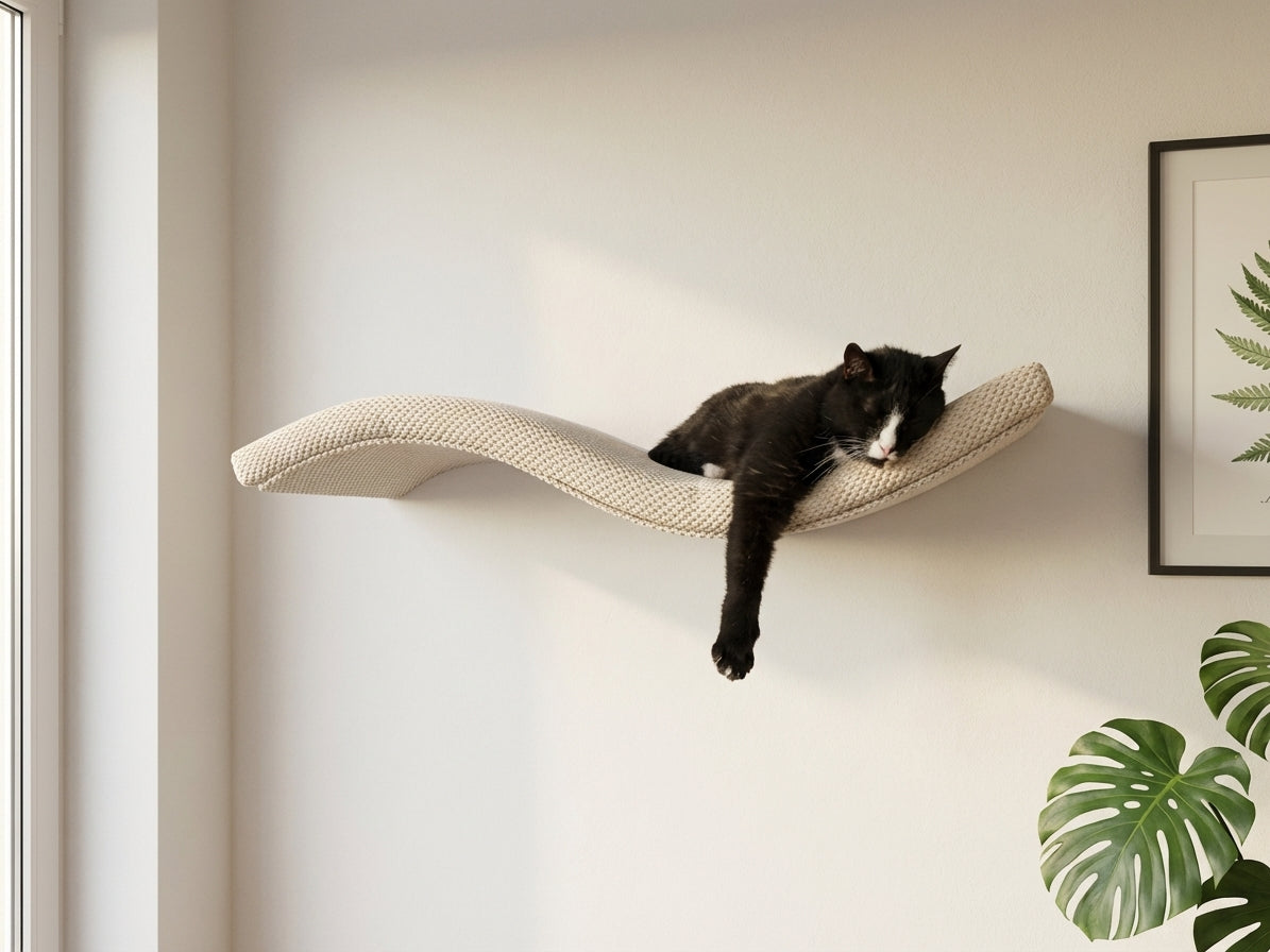 A black and white cat sleeping on a beige Cat's Atelier Floating Cat Wall Shelf The Wave