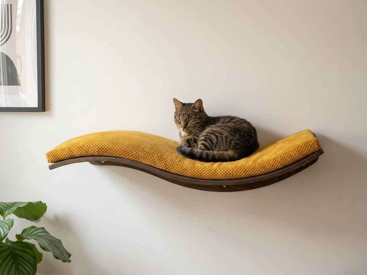 A tabby cat resting on a yellow Cat's Atelier Wavey Retreat wall shelf