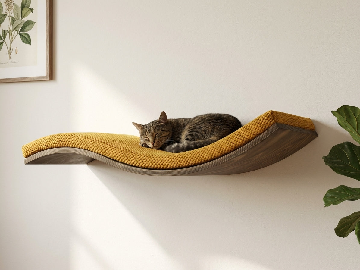 A sleeping tabby cat on a Cat's Atelier Wavey Retreat shelf with a yellow cushion