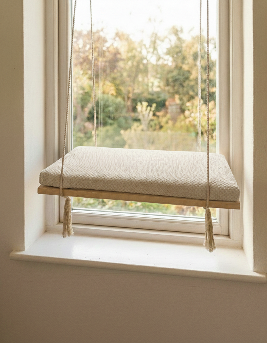 Cat Window Perch - Pine Wood - The Sunny Spot in Natural Pine, Beige cushion